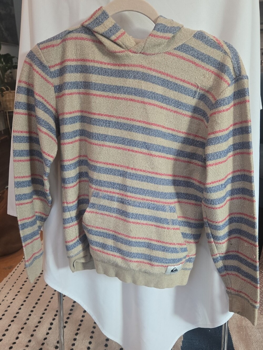 Quiksilver Boys Striped Beige Pullover Hoodie with Blue and Red Accents